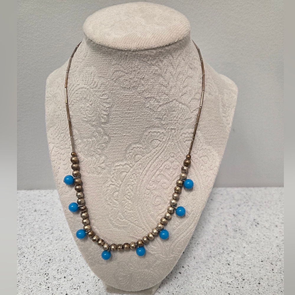 Silver Tone Beaded Necklace Blue Dangle Beads Boho Minimalist Statement Jewelry